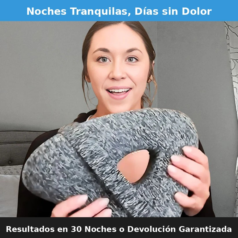 Mujer sonriente con almohada ortopédica Nurvion - noches tranquilas días sin dolor garantía 30 noches